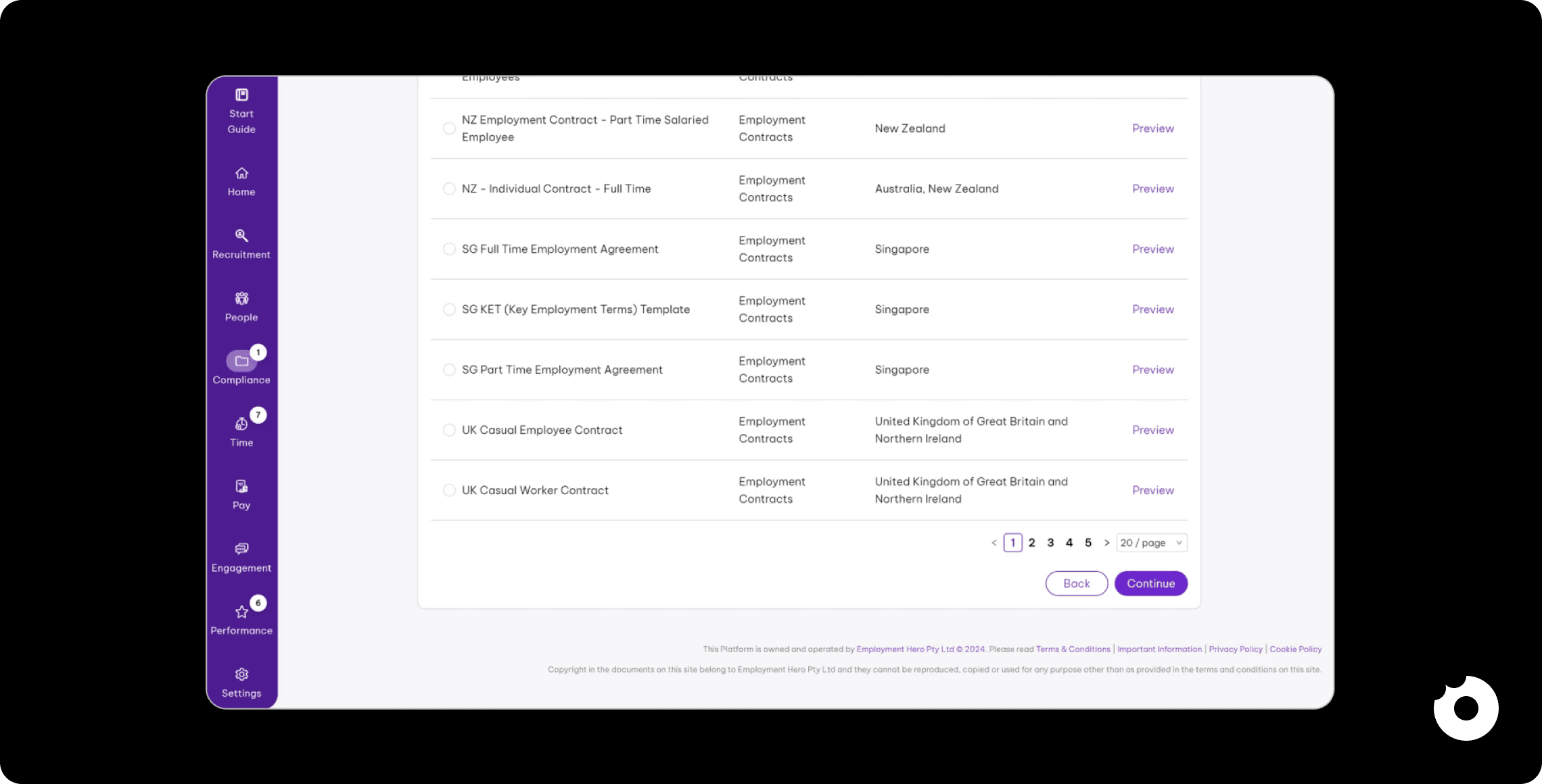 Employment Hero uses pagination with a clear page counter and items-per-page selector