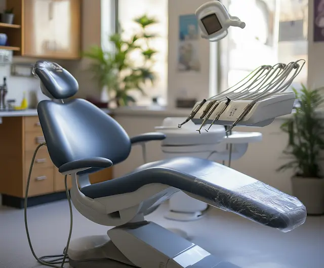 A dental chair in a sunlit Dentaa treatment room