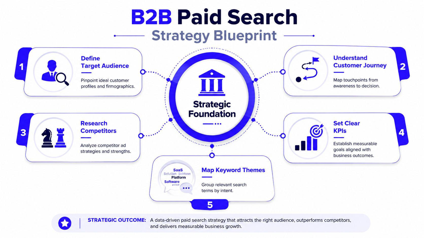 A B2B paid search strategy blueprint diagram illustrating five key steps for digital marketing success.