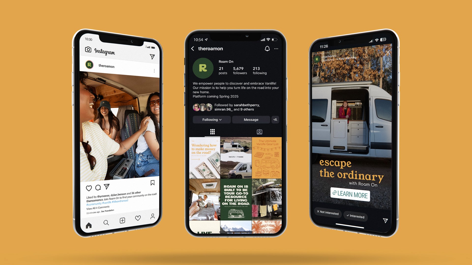 Three smartphones are displayed against a mustard-yellow background. The leftmost phone shows Instagram, displaying a photo of a woman and child in a car interior. The center phone shows a black screen with “thereamon” at the top, a “R” logo, and posts including “Ron On,” “5,679 followers,” and “213 following.” The rightmost phone displays “escape the ordinary” with “Room On” beneath it and a “LEARN MORE” button.