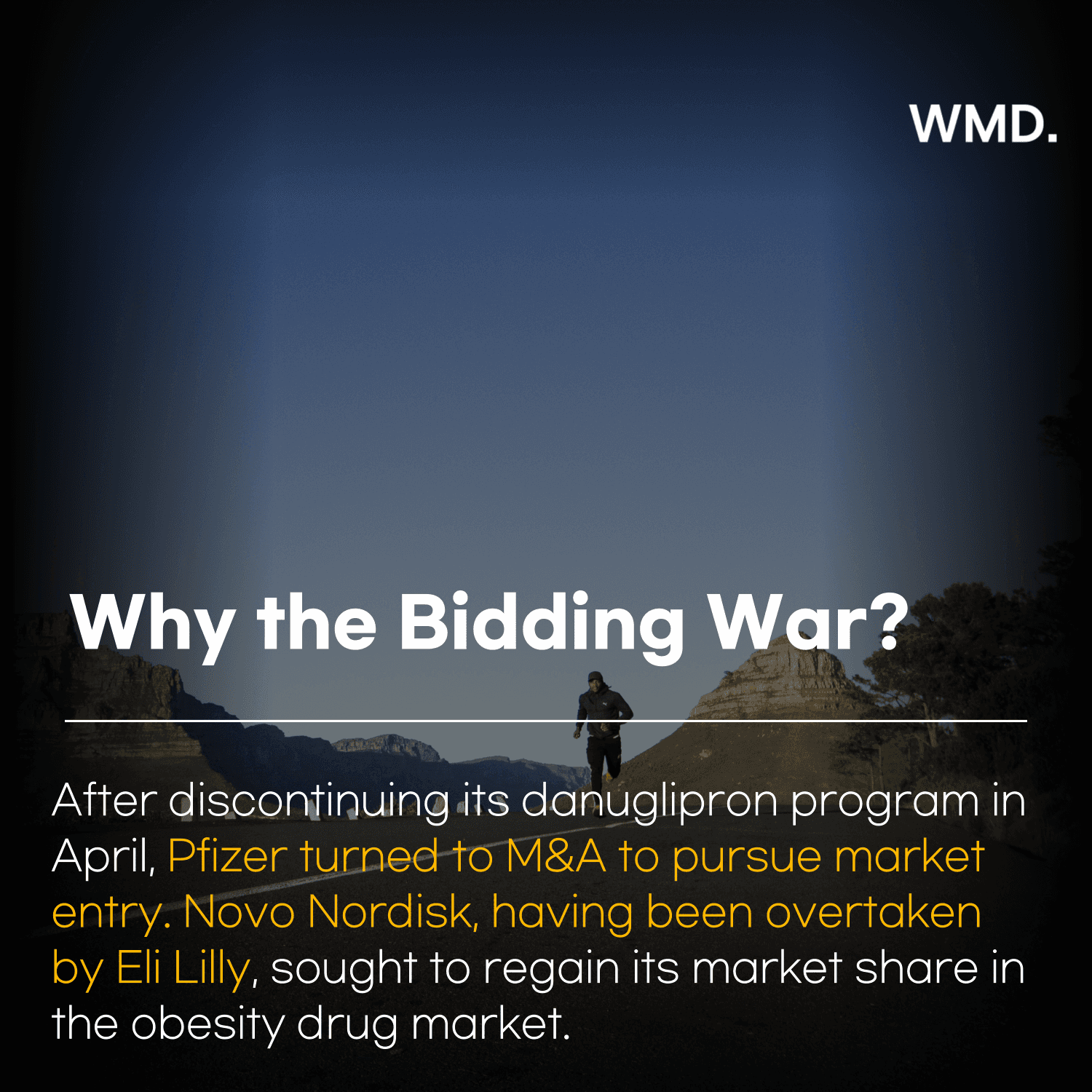 WMD card image – Why the Bidding War? Explains Pfizer’s shift to M&A after discontinuing danuglipron and Novo Nordisk’s efforts to regain market share after being overtaken by Eli Lilly. Background shows a person walking on a road.