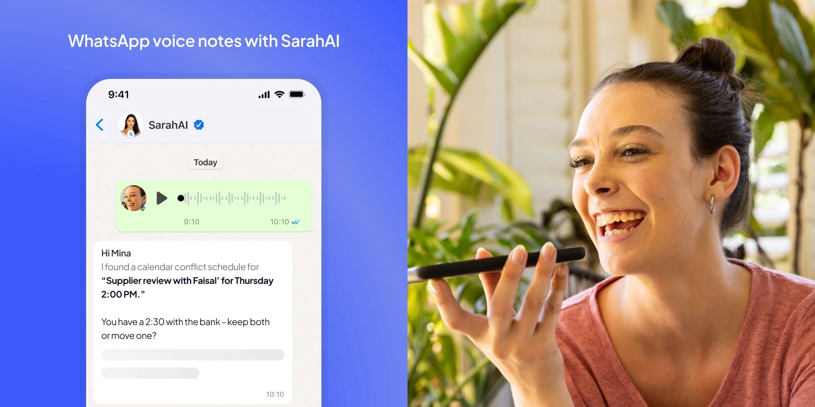 SarahAI scheduling a meeting from a WhatsApp voice note for a small business owner