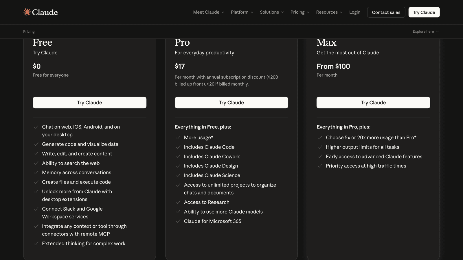 Claude pricing page showing Free, Pro $17, and Max from $100 plans