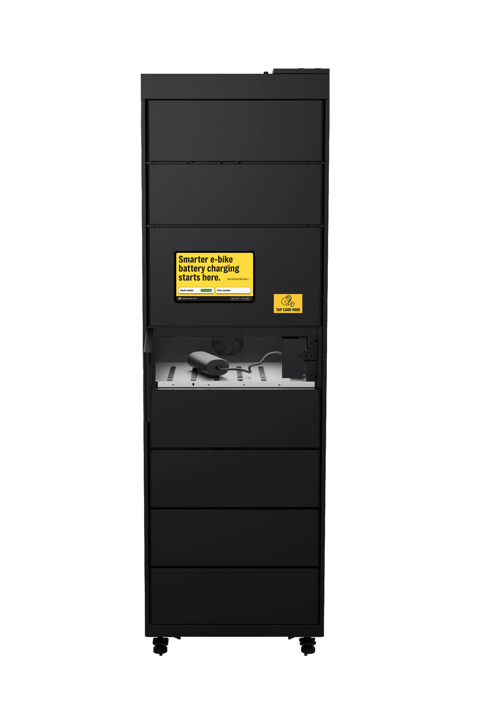 A black modular e-bike charging locker with multiple compartments, a touchscreen displaying “Smarter e-bike battery charging starts here,” and an e-bike battery connected and charging inside one of the open slots.