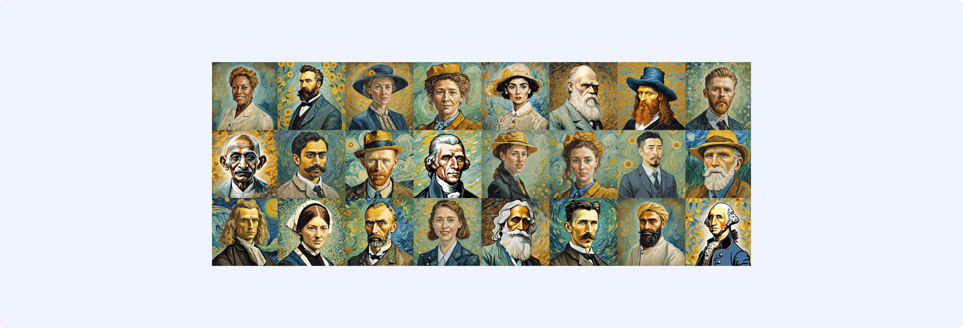A selection of avatars in the style of Van Gogh featuring famous historical figures, characterized by vivid colors and expressive brushstrokes