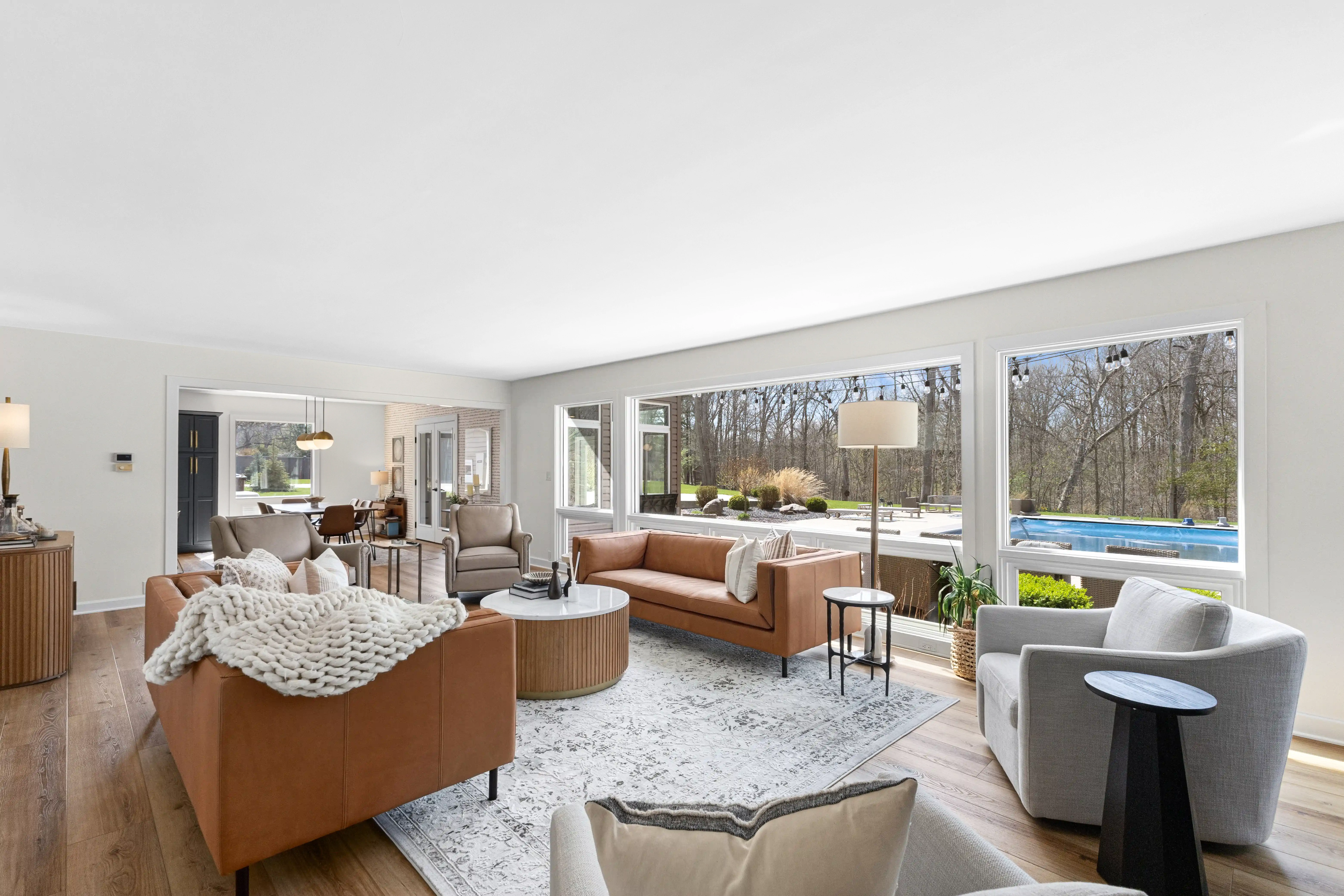Wide angle shot of a living room in modern ohio home