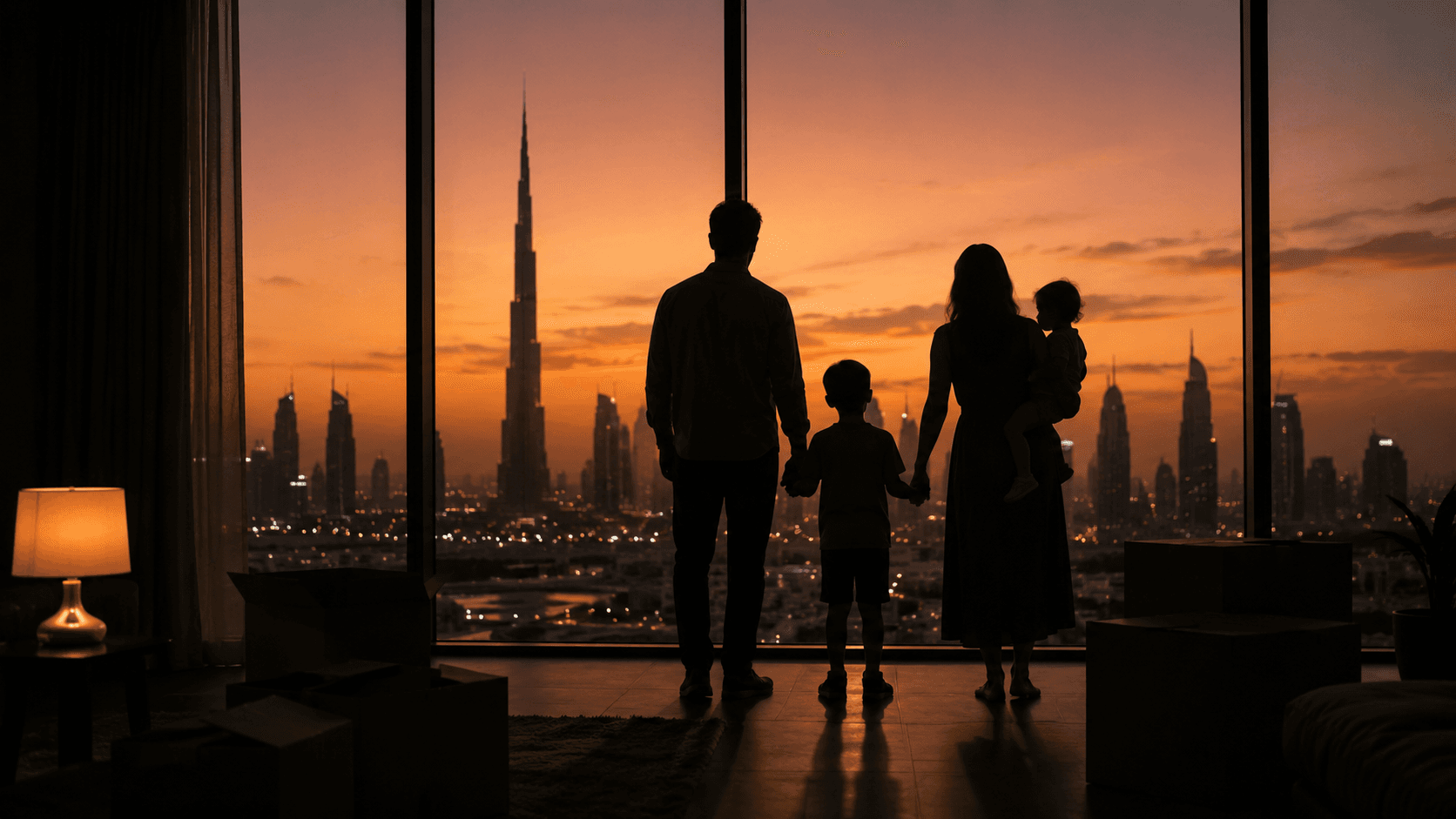 Four family suitcases of different sizes arranged on travertine marble floor with Dubai skyline at dawn through window, symbolising a family relocating to Dubai on Golden Visa in 2026