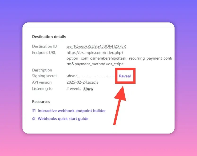 Stripe configure destination screen with 'Create destination' button showing a loading state indicating the destination is being created.