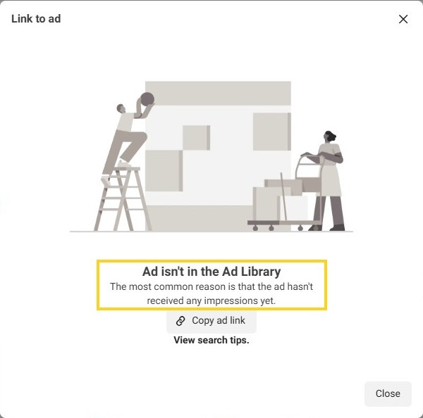 The Ad Library's "Ad isn't in the Ad Library" message for Gymshark's stopped US-only Whitney Leggings ad