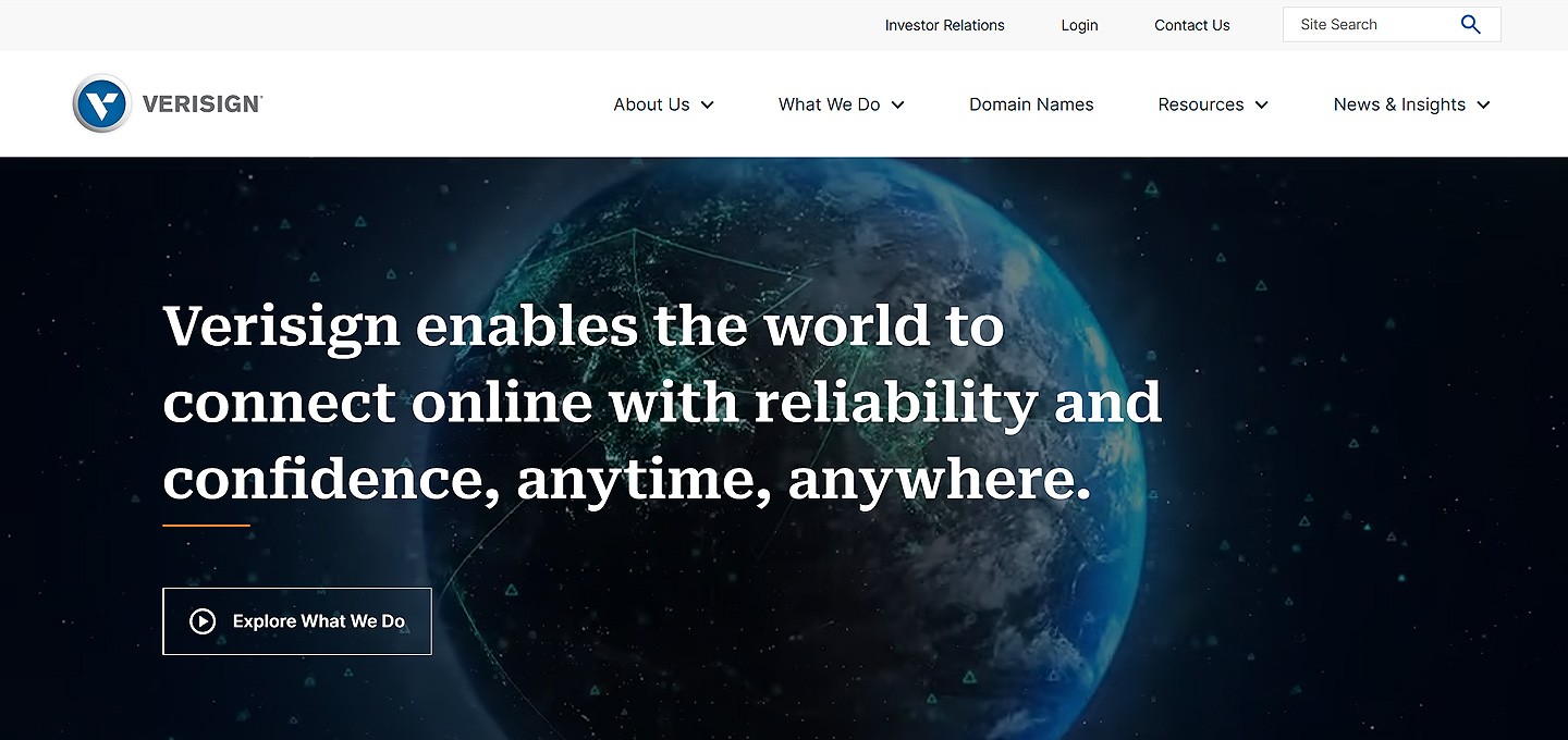 Verisign.com homepage redesign showing modern layout with globe imagery and navigation