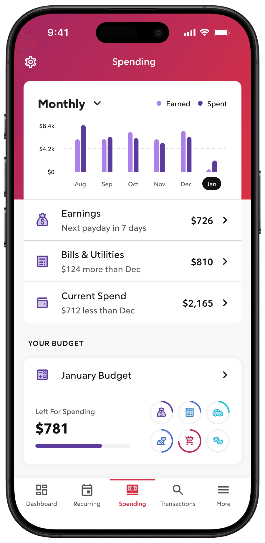 Phone of the Spending tab in Rocket Money