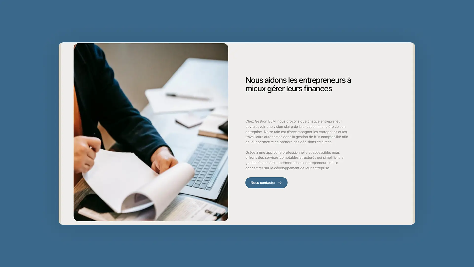 Section "À propos" du site Gestion BJM — accompagnement comptable pour entrepreneurs et travailleurs autonomes au Québec
