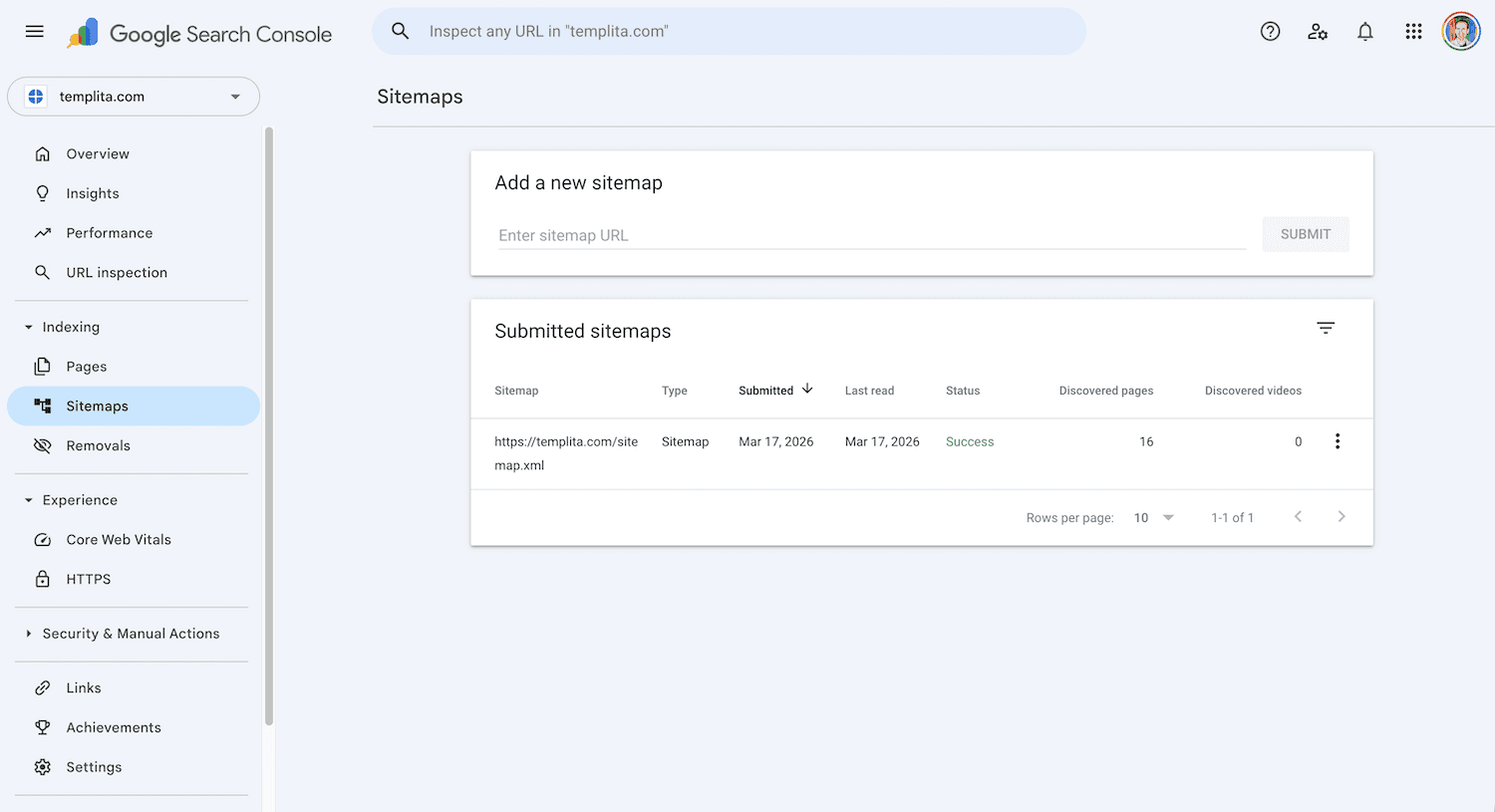 Google Search Console Sitemaps panel showing a submitted Framer sitemap URL with status "Success"