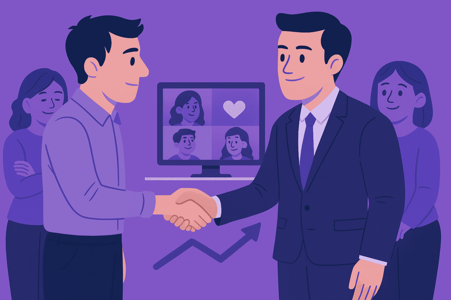 Flat-style digital illustration showing a leader shaking hands with a worker, symbolizing trust, empathy, and strong leadership in a positive workplace culture.