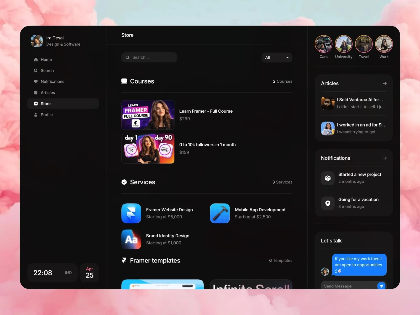 Dashboard interface showing courses, services, and notifications.