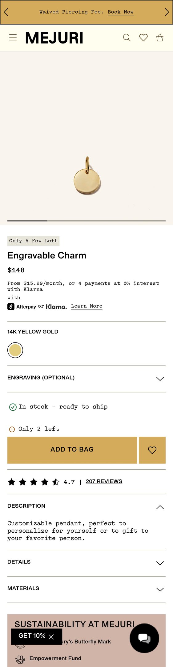 Jewelry product options include: pendant for 14k Gold Engravable Charm Pendant - Jewelry from Mejuri.