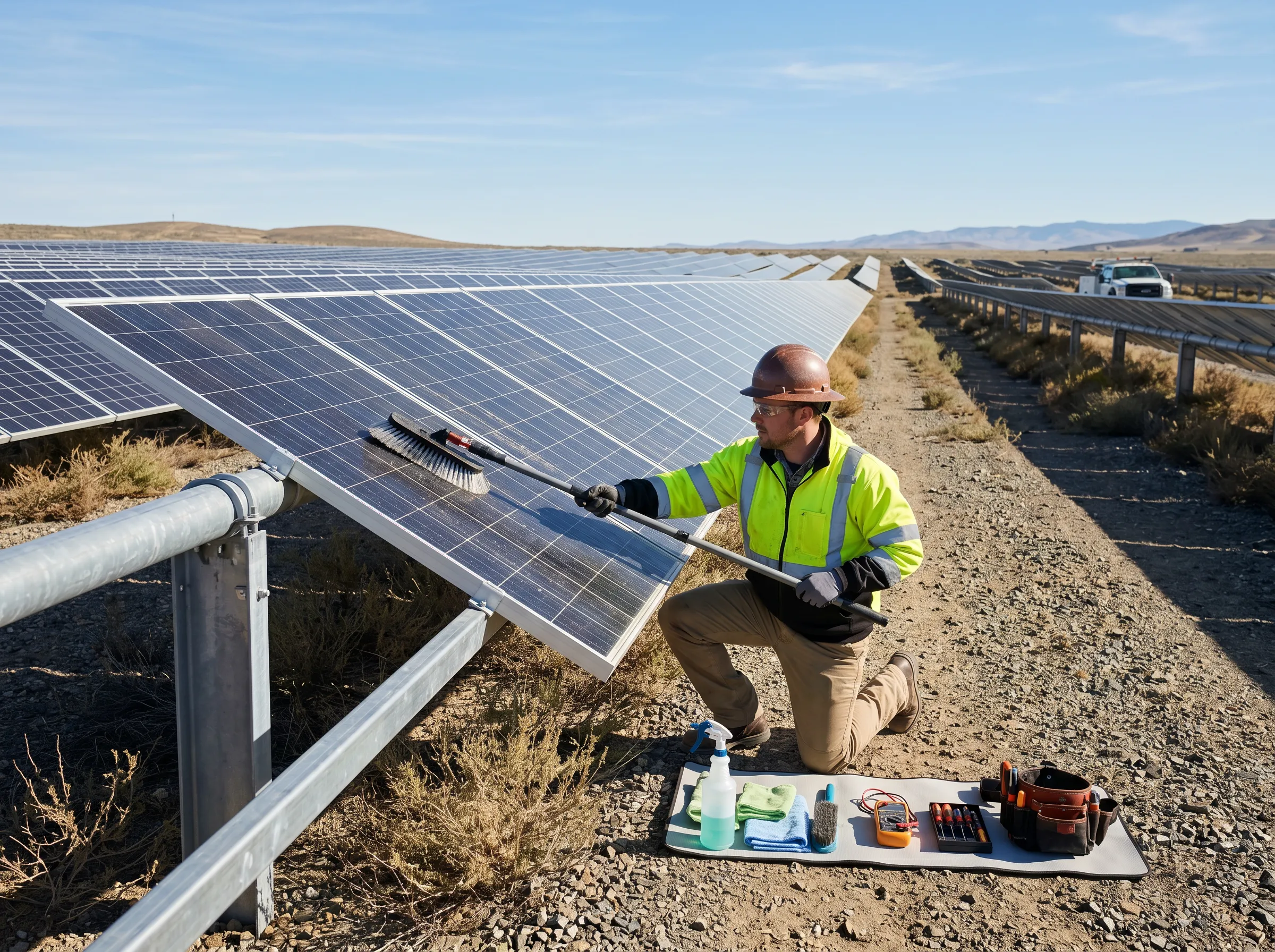 A solar field worker wearing a helmet and safety vest stands in front of solar panels, holding a tablet showing performance charts.