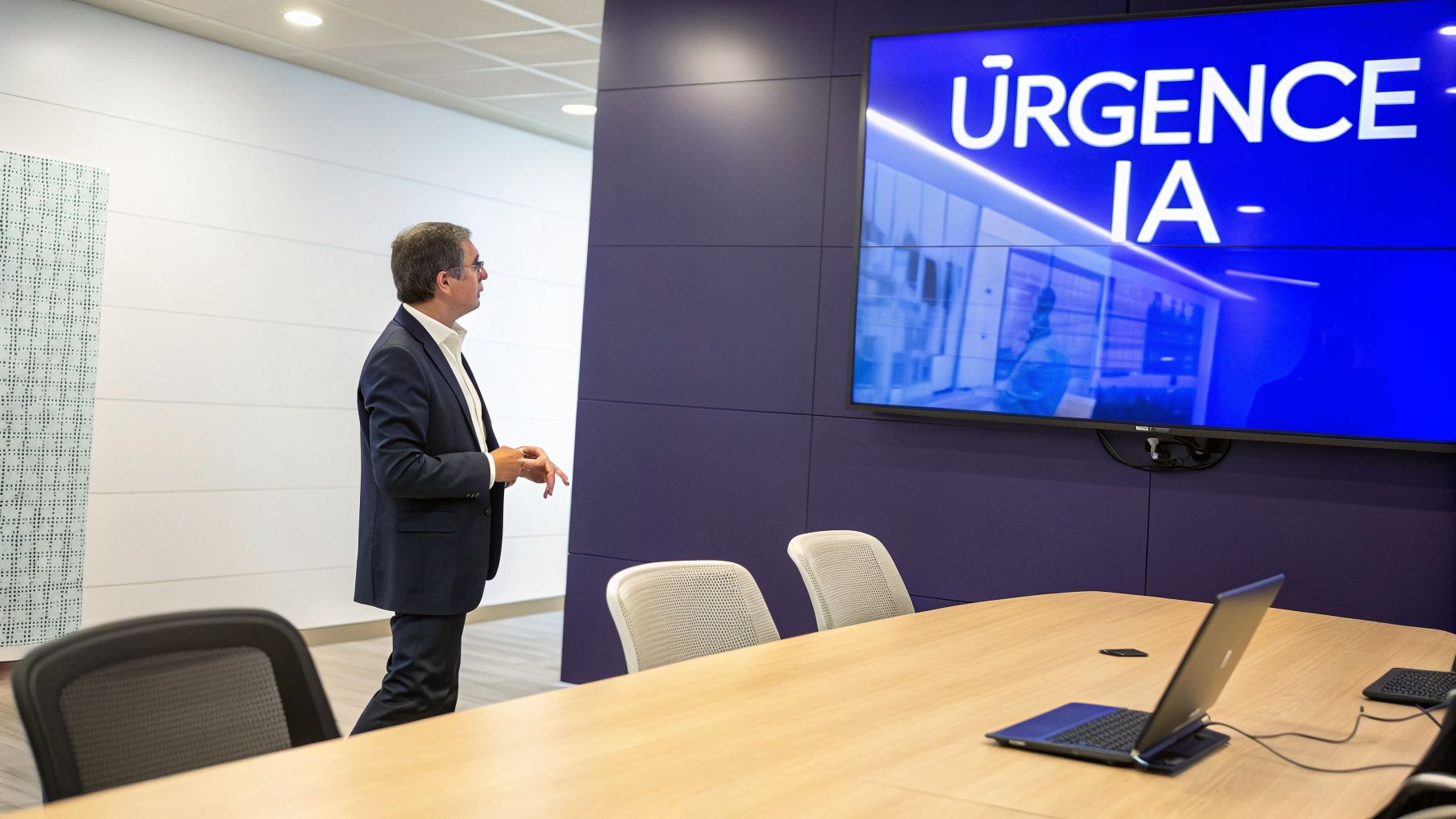 Un homme d'affaires en costume regarde un grand écran bleu affichant 