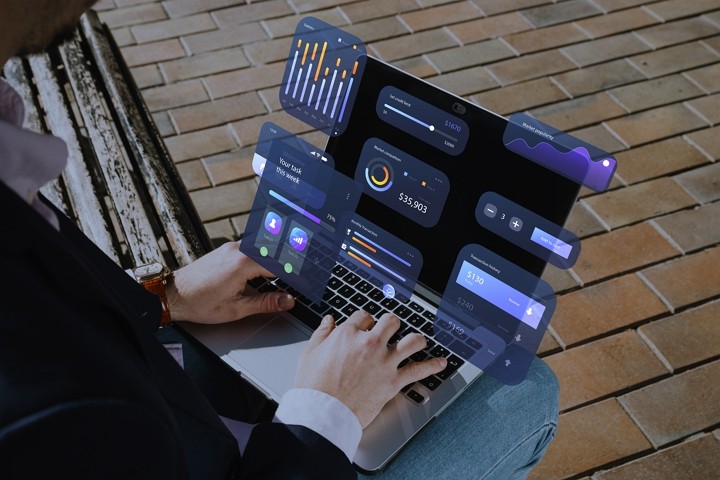 User reviewing entity management software features on a laptop