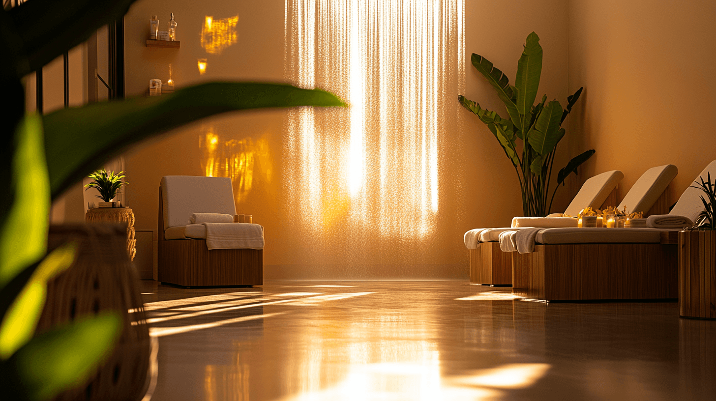 A serene and elegant spa space with wooden reclining chairs and white cushions. Golden sunlight filters through a cascading water feature, creating a peaceful atmosphere. Tropical plants and candles add to the relaxing ambiance.