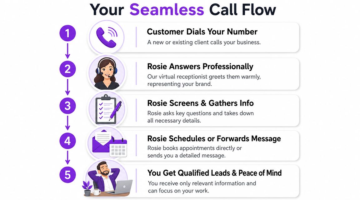 A diagram illustrating a five-step seamless call flow process for a virtual receptionist business service.