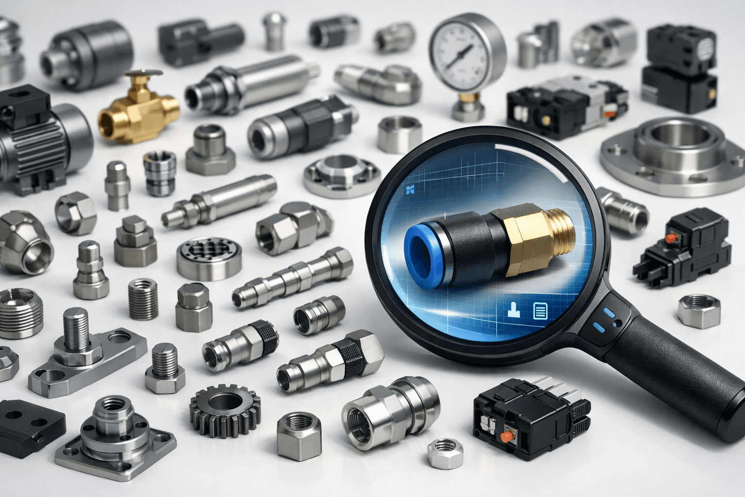 Catálogo industrial complexo com diversas miniaturas de peças técnicas (parafusos, conexões e componentes metálicos) organizadas sobre fundo claro, com uma lupa digital destacando um item encontrado para facilitar a busca e a identificação de produtos.