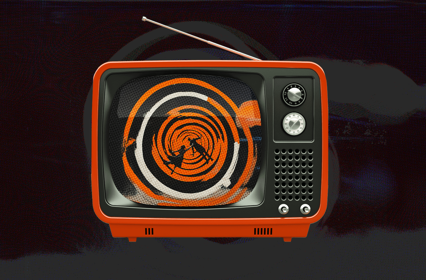 A vintage tv with a vertigo themed show playing on it.