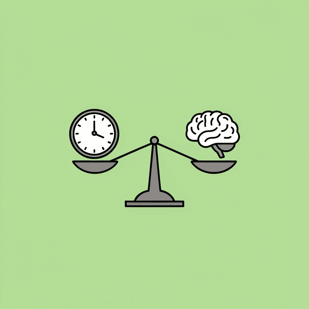 Balance scale comparing study time on one side versus study method effectiveness on the other side.