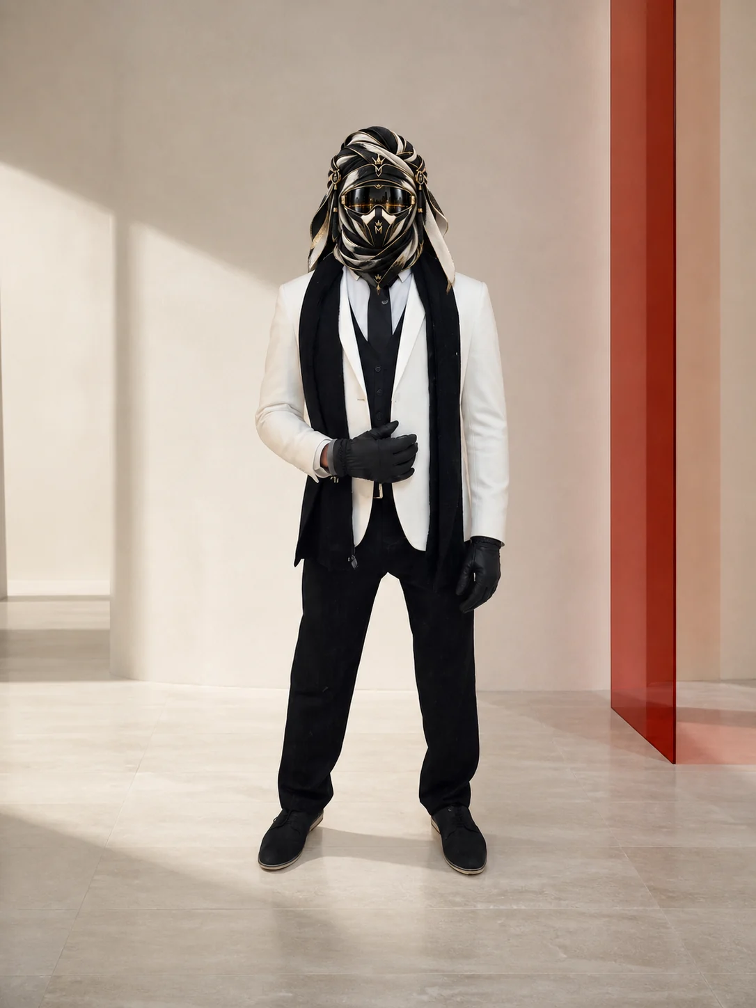 Full-length view of White Jacket, Black Gloves, a white tailored jacket with black gloves, waistcoat and trousers, with the official Marzelest face covering.