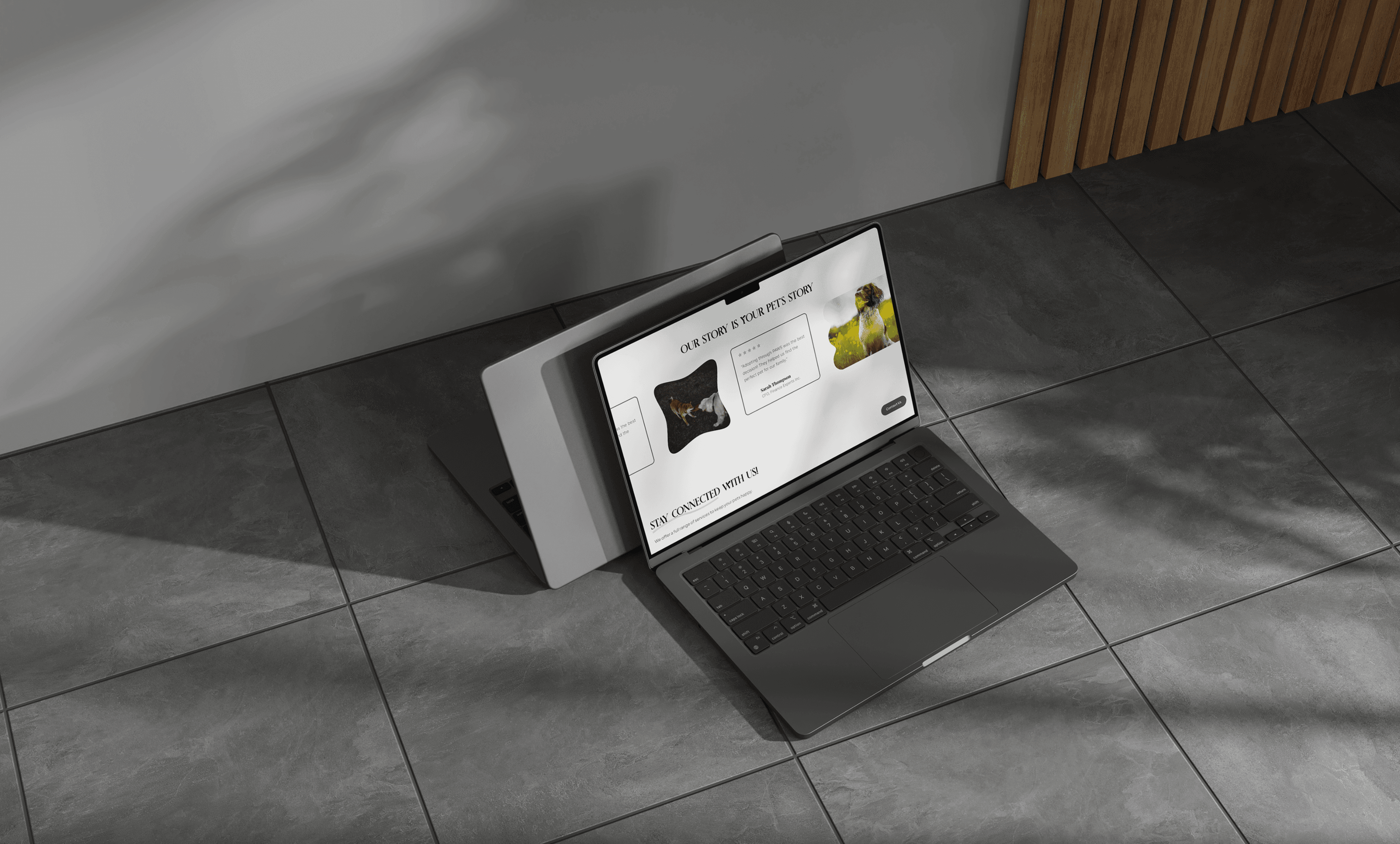 "MacBook on a dark tiled floor displaying the Baagh pet care website testimonials page. The site highlights pet grooming, training, and adoption services with user reviews and a modern design."