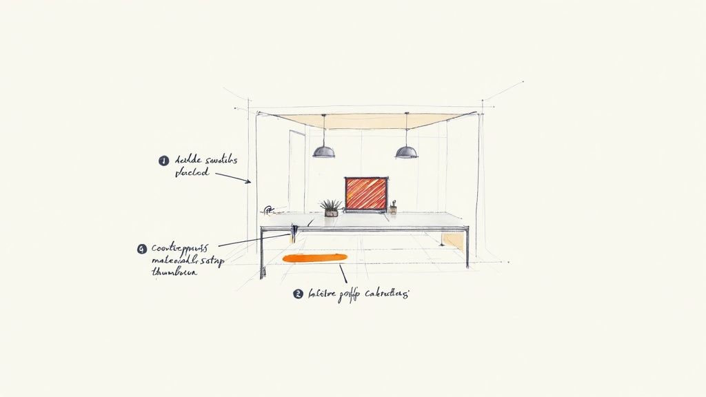 Architectural sketch of an office desk setup with overhead lights and handwritten design notes.