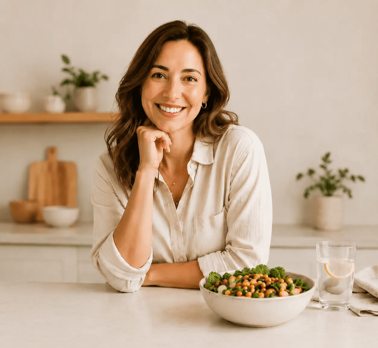 Nutritionist smiling beside a bowl of salad