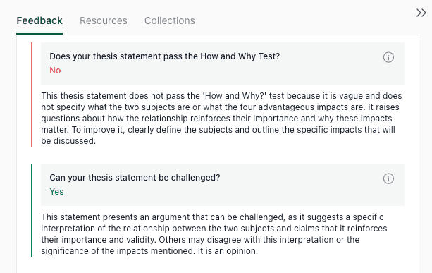 thesify feedback showing the How and Why Test and whether a thesis statement can be challenged, used to stress-test clarity and arguability.