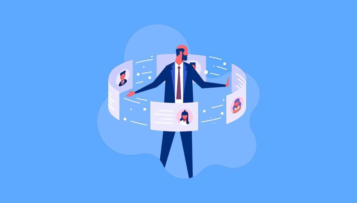 Illustration of a recruiter standing among digital candidate profile cards, symbolizing how candidate relationship management organizes and nurtures talent networks.