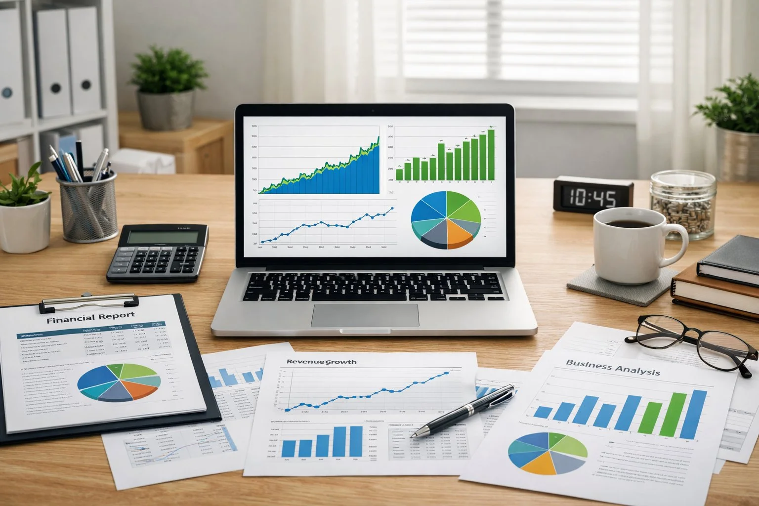 Bright, organized workspace with neatly arranged financial reports and a laptop displaying stable performance charts, calm and controlled atmosphere.