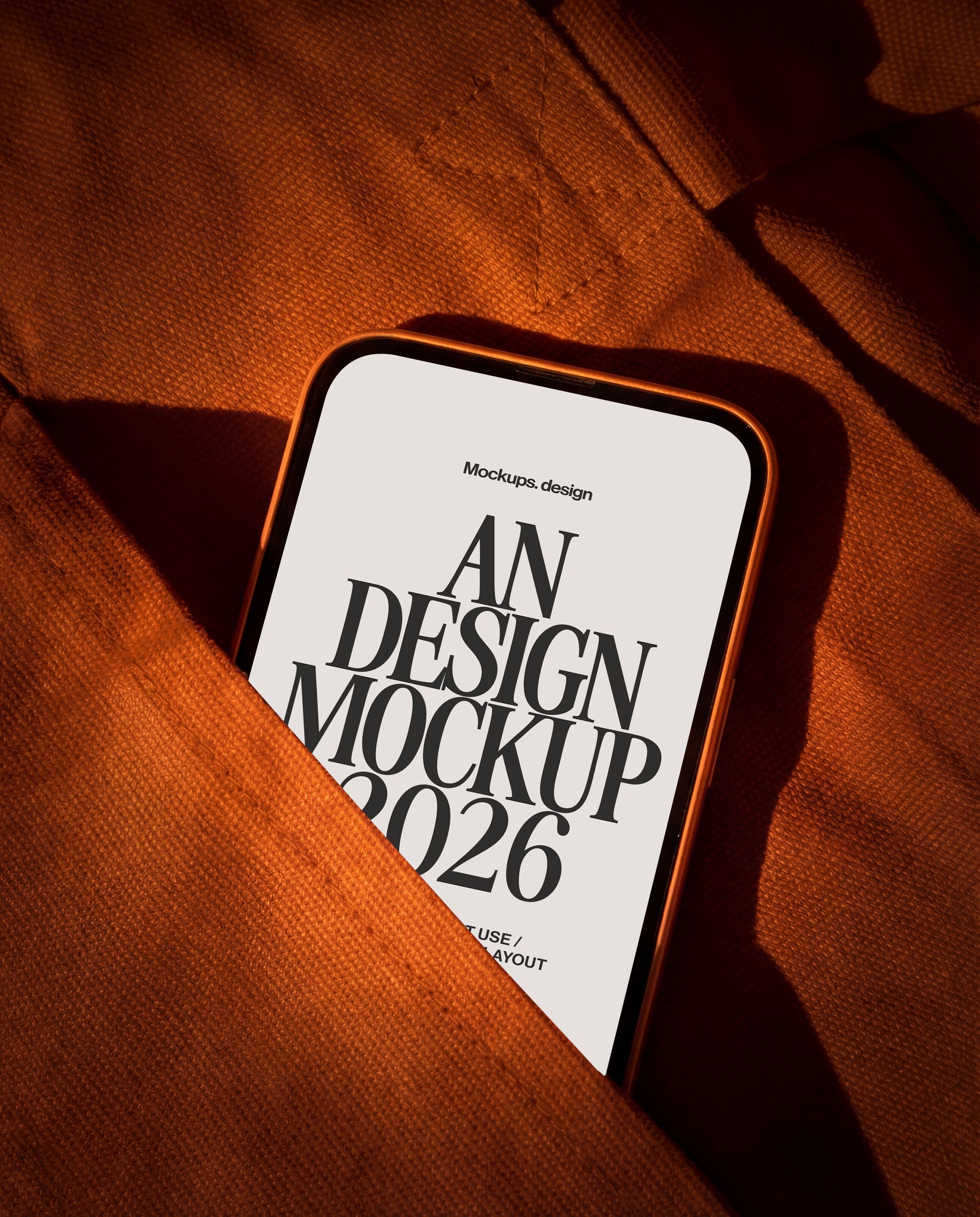 iPhone 16 mockup in pocket, realistic hand-held style