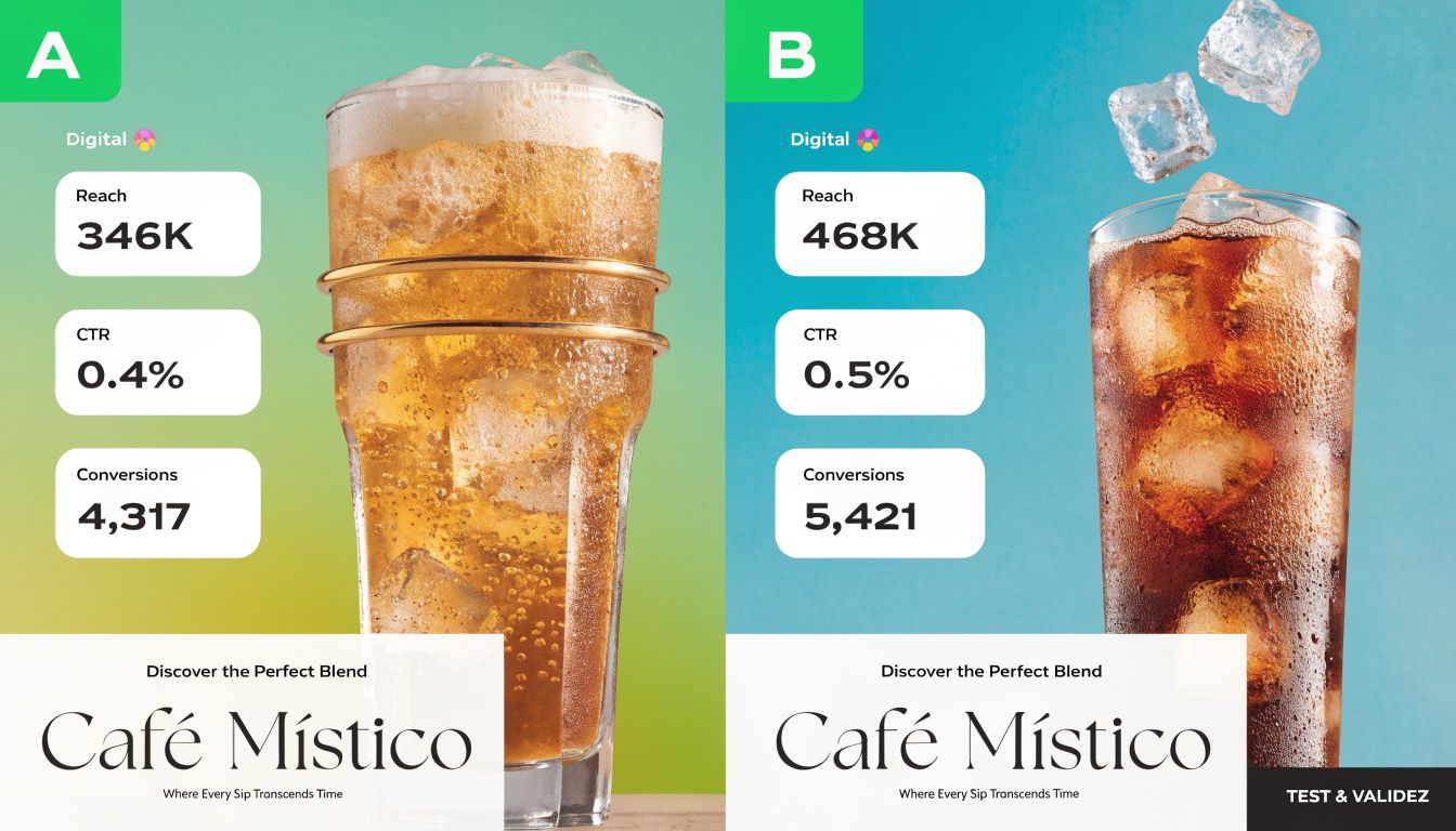 Comparaison publicitaire de deux boissons Café Místico montrant les résultats de portée, taux de clic et conversions.