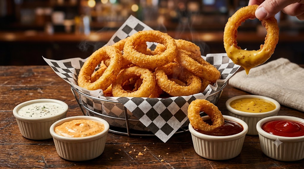 A close-up photograph of a metal basket overflowing with steaming, golden-brown fried onion rings on a rustic wooden table. Around the basket are five white ramekins filled with different dipping sauces: ranch, buffalo sauce, honey mustard, ketchup, and BBQ sauce. A hand holds a single onion ring dipped in honey mustard, and another rests in the buffalo sauce. The background shows a blurred pub setting.
