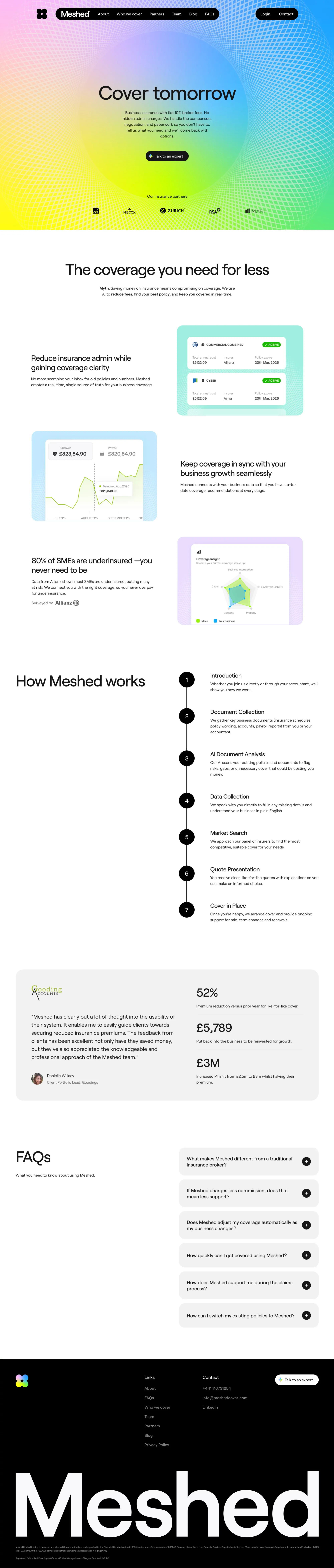 Meshed: Your best business insurance bro landing page screenshot showcasing Finance and Tech design