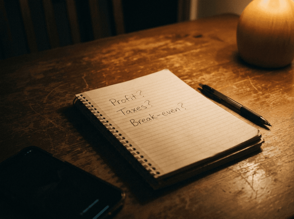 A notebook with handwritten questions: profit, taxes, break-even