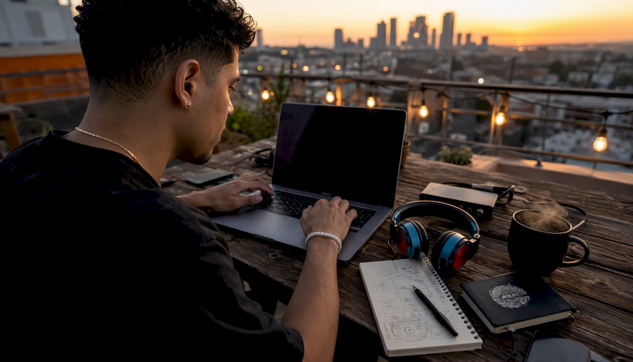 Hands downloading rap vocal stems on laptop