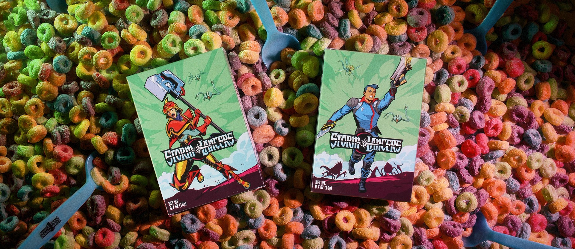 Storm Lancers cereal boxes with branded spoons displayed on a bed of fruit loops