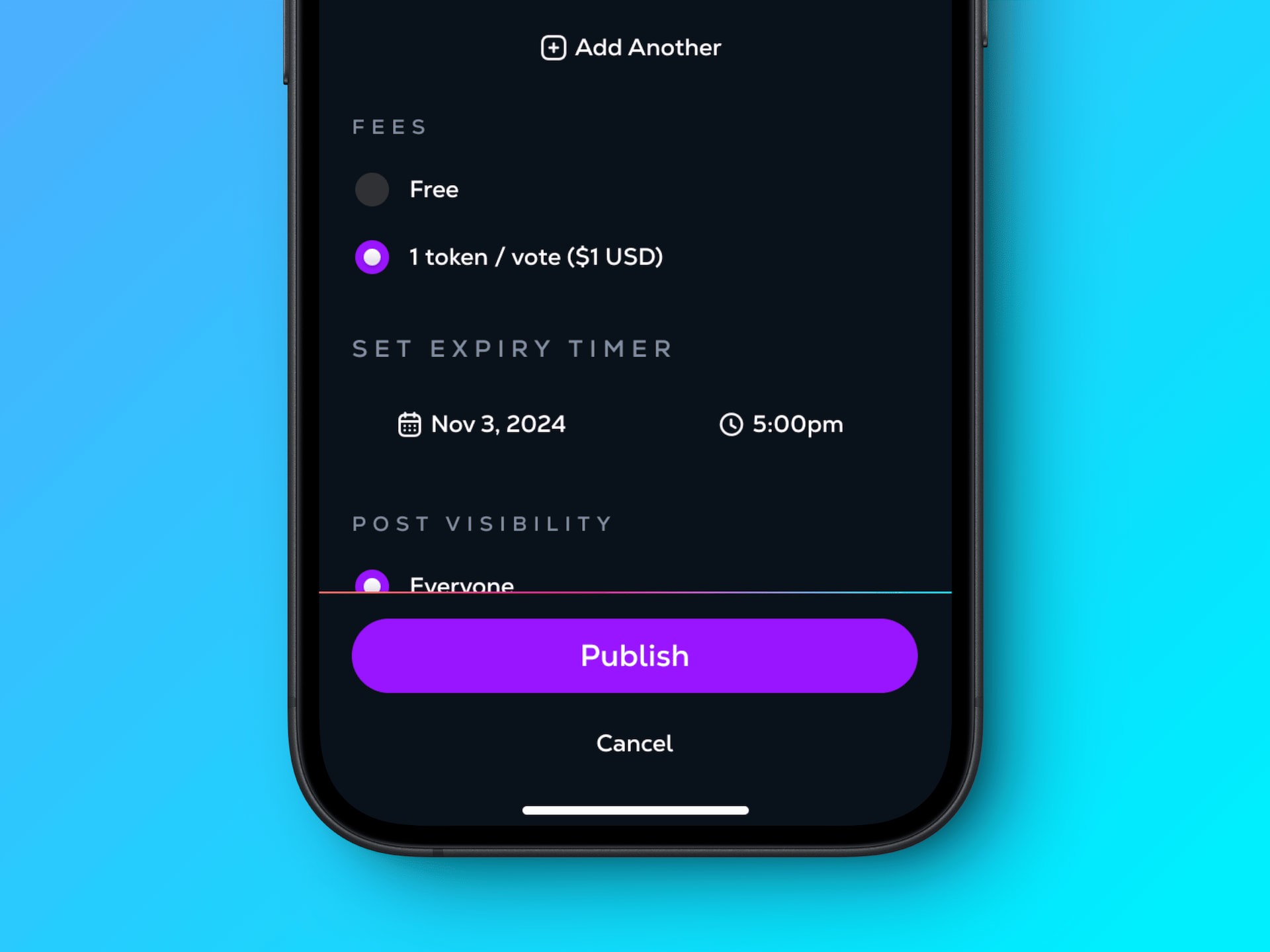 Paid poll publishing and monetization settings screen from the Paid Polls UX Prototype, showing token-per-vote pricing, poll expiration date and time, visibility controls, and publish action.