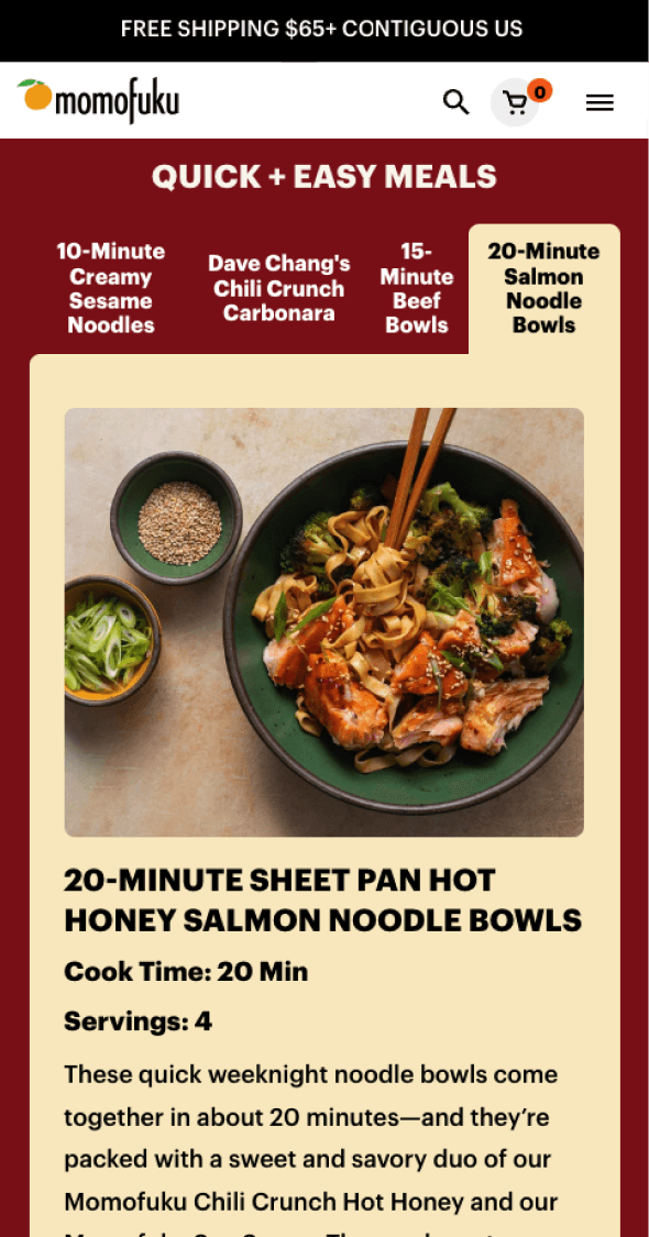 Mobile recipe content showcasing Momofuku noodle dish