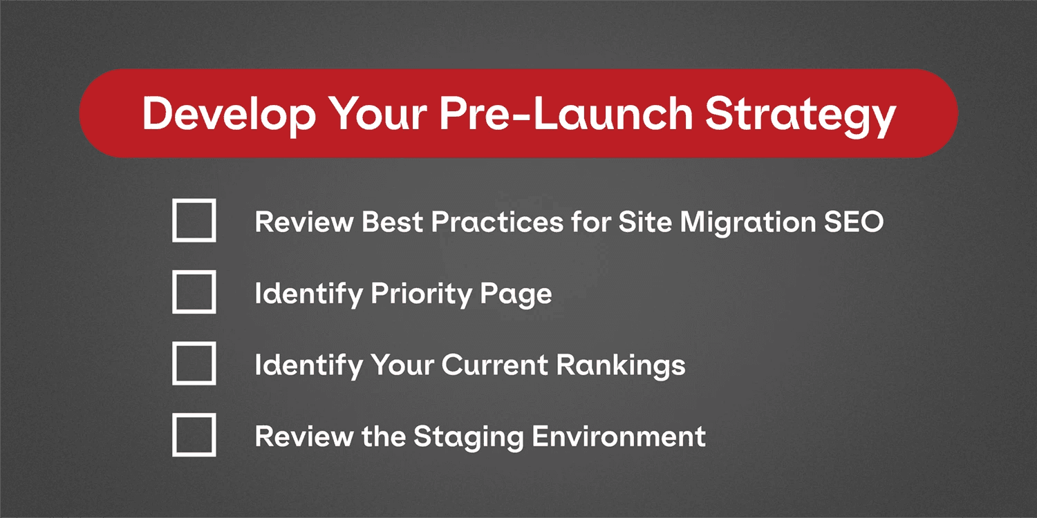A graphic listing steps to develop your pre-launch strategy for an SEO migration.