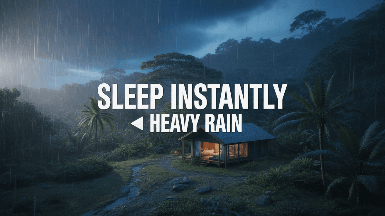 Cozy forest cabin in heavy rain at night with Sleep Instantly Heavy Rain text