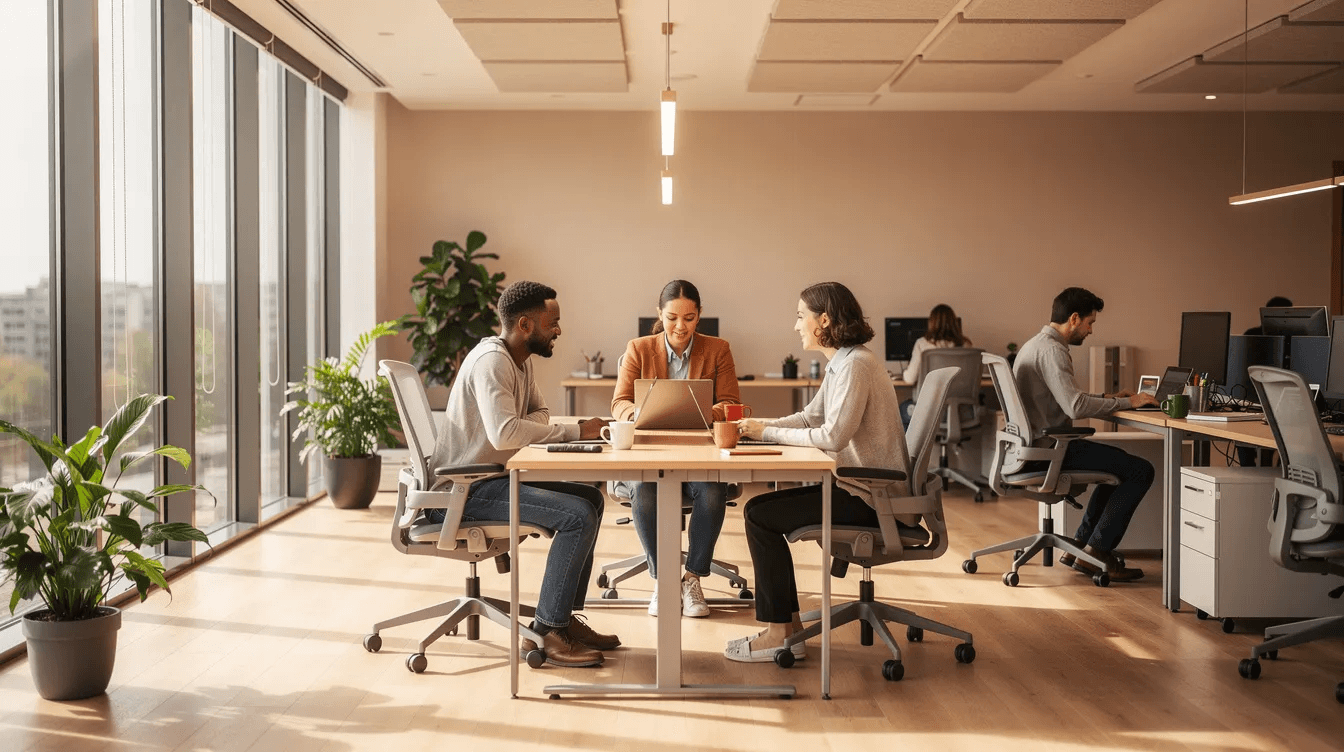 The image depicts office occupants enjoying a bright and comfortable indoor workspace, showcasing a modern environment that emphasizes occupant comfort and energy efficiency. This space likely utilizes digital twin technology and smart building systems to optimize air quality and energy consumption, enhancing overall productivity and satisfaction.