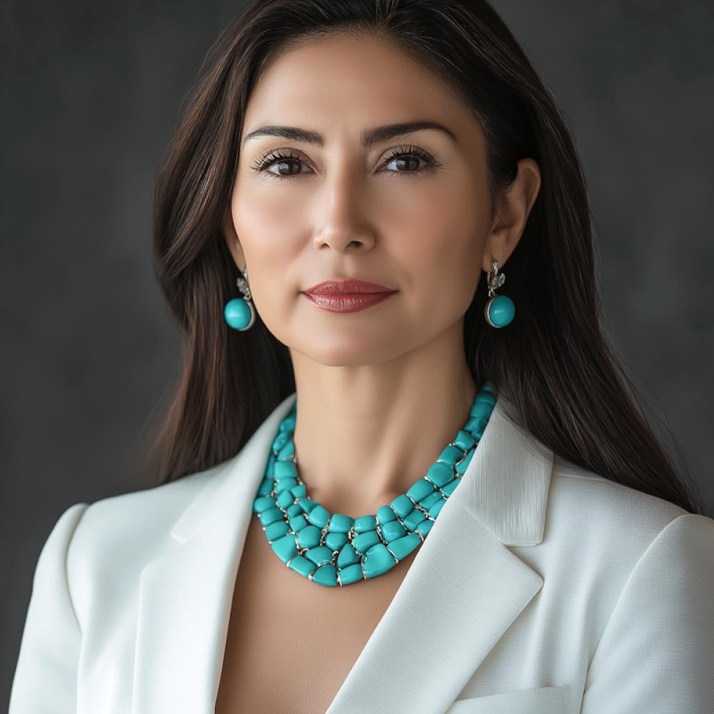 A woman with long dark hair and gold earrings wears a tan blazer and black turtleneck. Her expression is confident against a dark background.