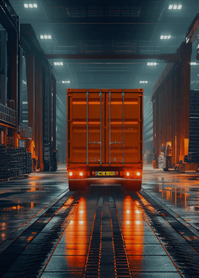 An orange truck is in the middle of a warehouse. The warehouse is dark and the floors are wet. Many of the racks are orange.