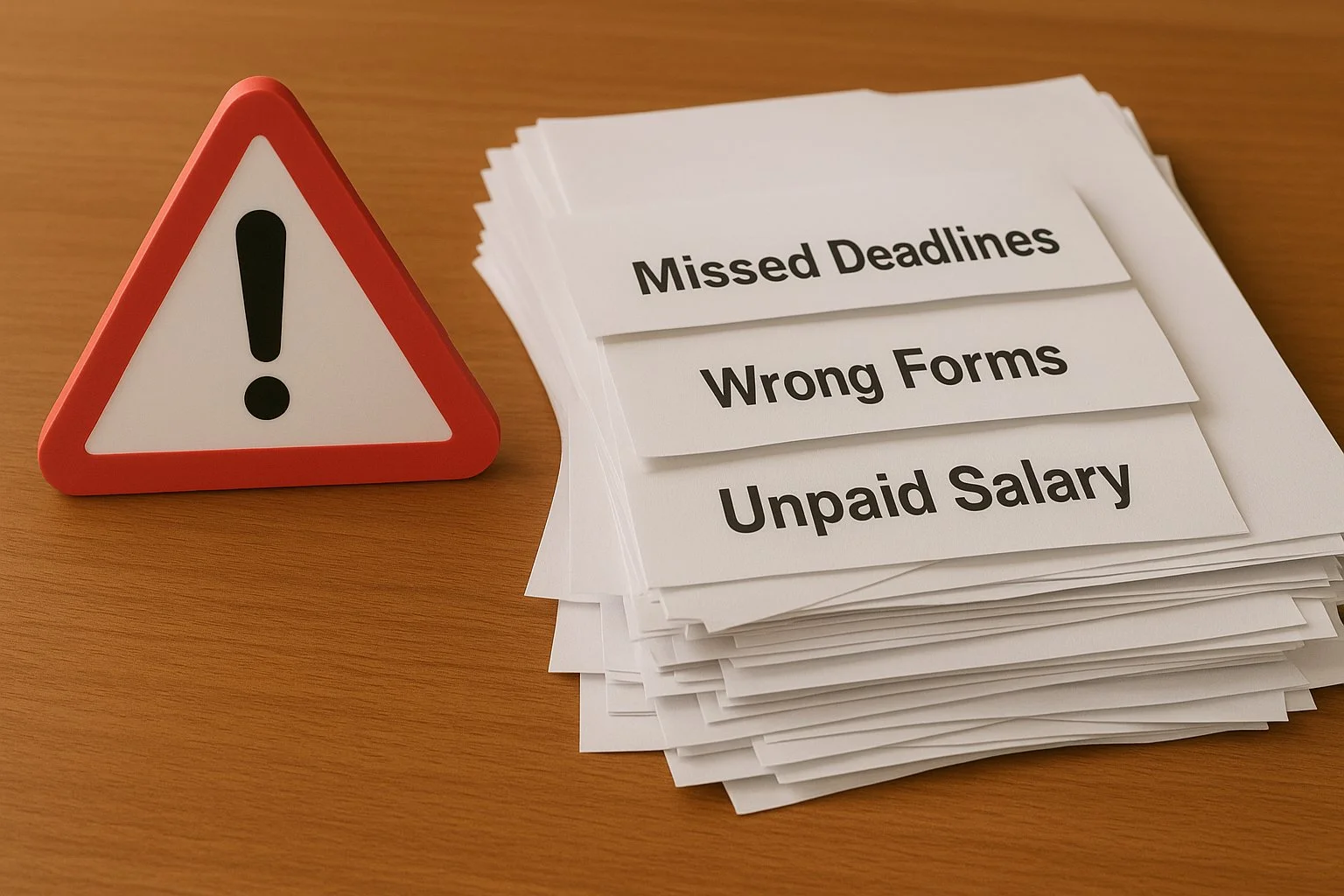 Red warning triangle beside a messy stack of documents labeled missed deadlines, wrong forms, and unpaid salary, symbolizing common business errors.